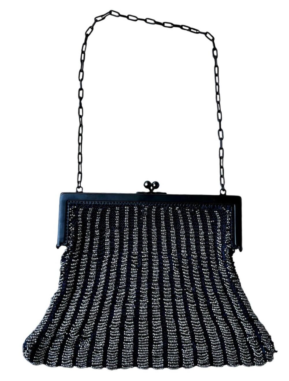 Antique 1920s Navy Micro Beaded Flapper Purse Art Deco Glass Seed Bead Bag